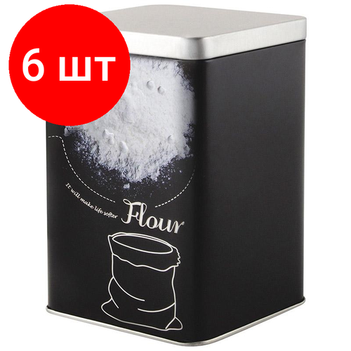 Комплект 6 штук, Банка с крышкой металлическая, квадратная, объем 1000 мл, дизайн Мука,008513 фото, описание