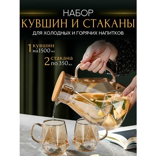 Кувшин с крышкой 1.5 л кружки стеклянные набор 2 штуки фото, описание