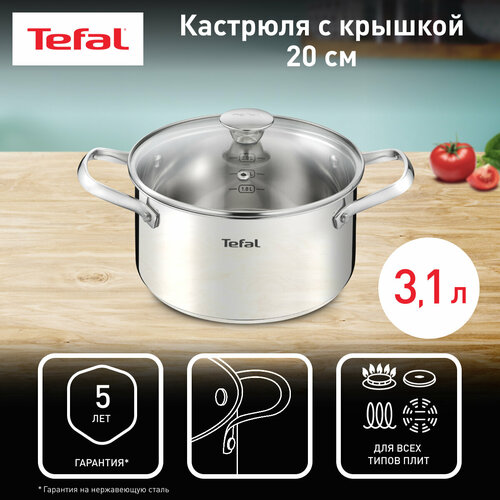 Кастрюля 20 см Tefal Cook Eat B9214474 с крышкой, из нержавеющей стали, для всех типов плит, включая индукционные фото, описание