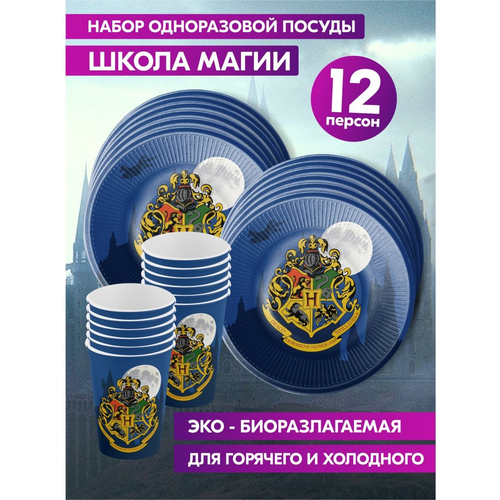 Одноразовая посуда для праздника на день рождения, детская, бумажная Гарри Поттер Harry Potter. Одноразовые тарелки и стаканы на 12 персон фото, описание