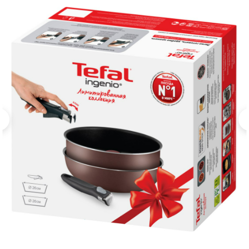 Набор посуды TEFAL Ingenio 3 предмета: сотейник 26см, сковорода-вок 26см, съемная ручка фото, описание