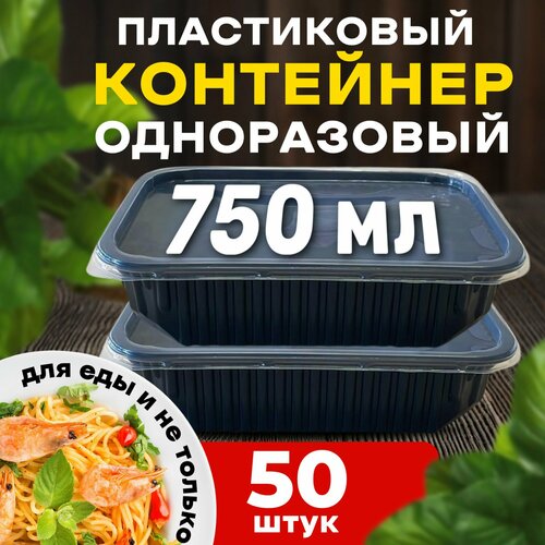 Контейнеры одноразовые с крышкой для еды 750 мл 50 шт. черные фото, описание