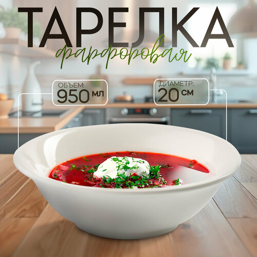 Тарелка фарфоровая глубокая White Label, 950 мл, d=20 см, цвет белый фото, описание