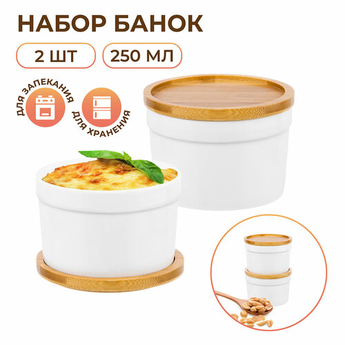 Банка для хранения сыпучих продуктов / соли / специй / для запекания/ кокотница 2 шт по 250 мл Elan Gallery Айсберг с деревянными крышками-подставками фото, описание